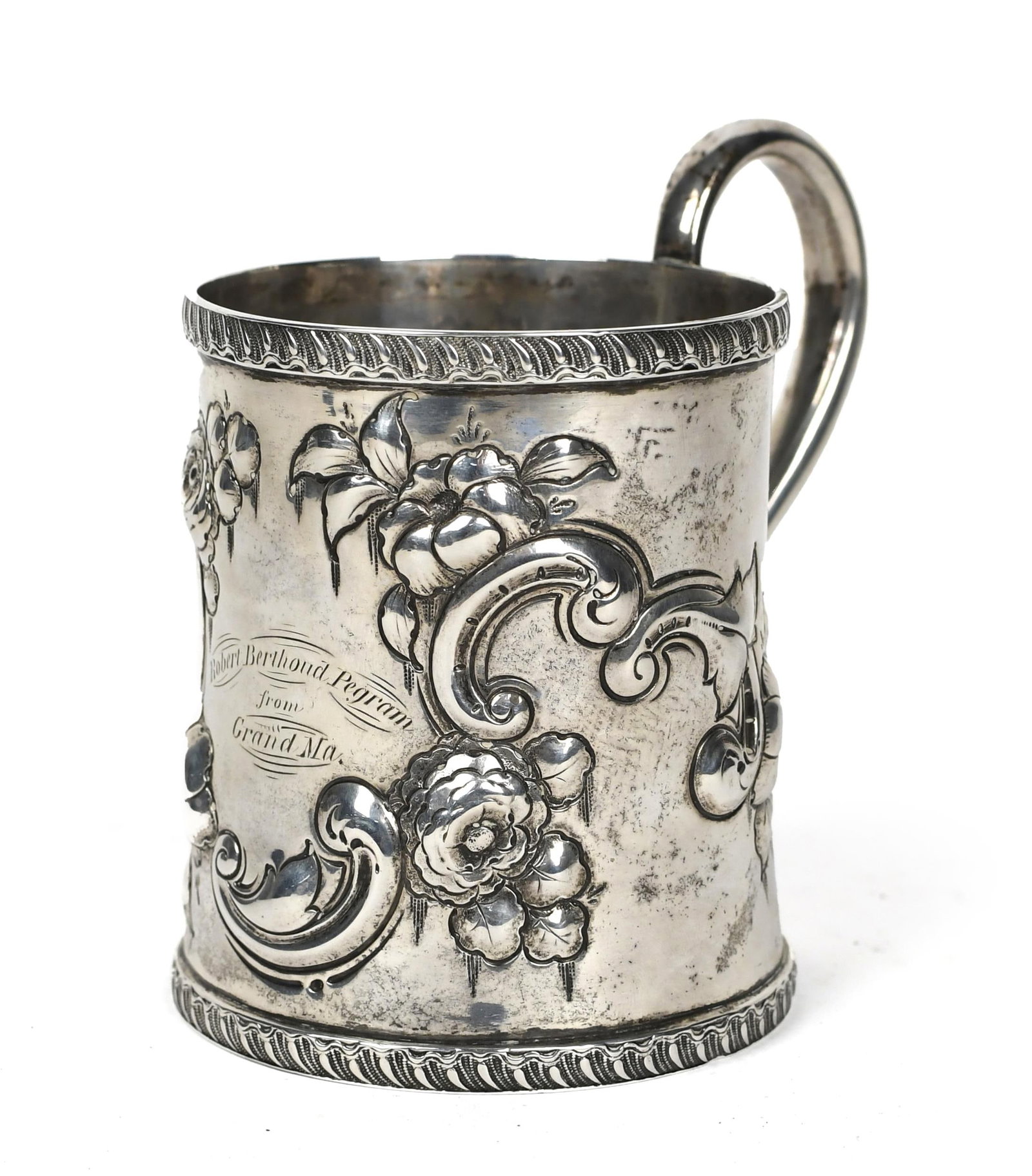 ANTIQUE W. HENDRICK LOUISVILLE COIN SILVER CANN.: Signed W. (William) Hendrick Louisville Standard P.L.K, repousse floral motif with inscription 'Robert Berthoud Pegram From Grand MA', 4.5”H, 5.9 oz t. .