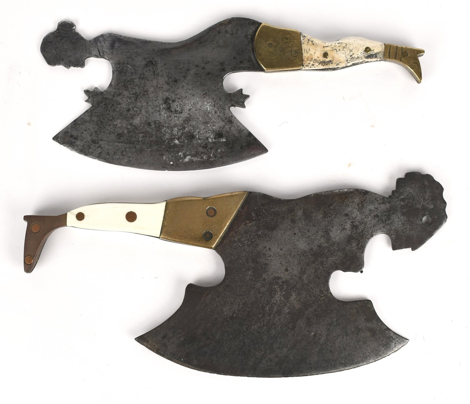 TWO 19TH C. FRENCH FEMALE EFFIGY FOOD CHOPPERS.: Two ca. 1840 French food choppers with polished iron blades with female effigies, and brass and bone handles, 9”-10”L.
