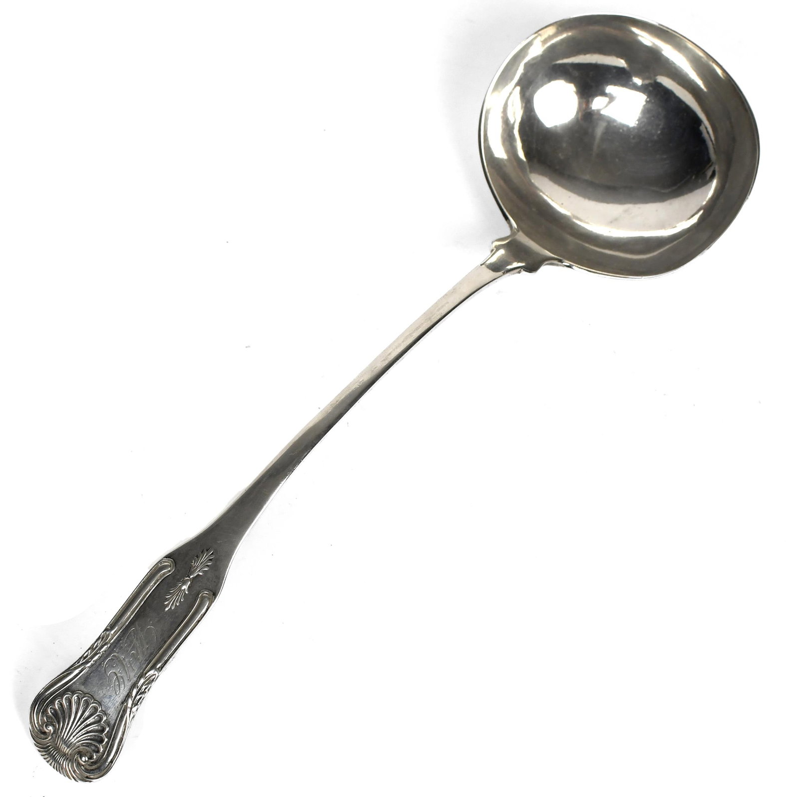ANTIQUE COIN SILVER PENFIELD & CO. LADLE.: Penfield & Co., (Savannah, Georgia, working 1820-1828), a large scale coin silver ladle with an arching shell motif handle, monogrammed 'WAG’ and ‘AMS’, signed on back Penfield & Co.