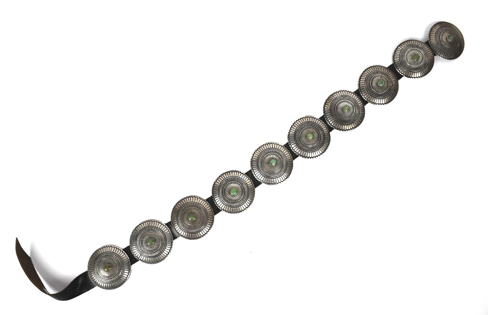 VINTAGE SILVER SIGNED NAVAJO SILVER CONCHO BELT.: Mid-20th C. Navajo silver concho belt with nine 3” dia. silver conchos, buckle signed 'WS'. 39” overall length, 24 Oz t. total weight.