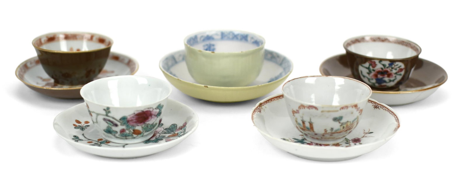 FIVE ANTIQUE CHINESE CUPS AND SAUCERS.: 18th and 19th C. Chinese handless cups and saucers, including example with light green exterior and blue and white interior, saucer 5” dia., cup 3” dia.; brown exterior and orange and gold