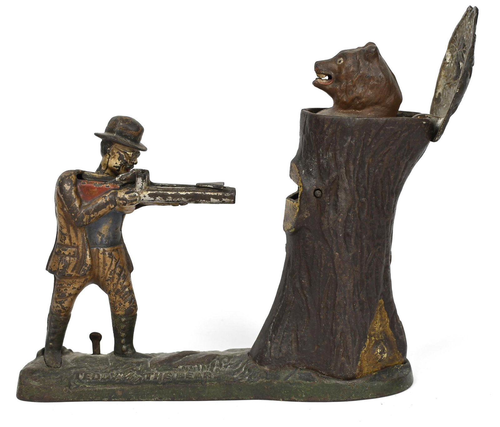 19TH C. J.E. STEVENS BANK, TEDDY AND THE BEAR.: An antique mechanical bank in original paint by J.E. Stevens, titled on bank ‘Teddy And The Bear’, 7.5”H x 10”W x 2.75”D.