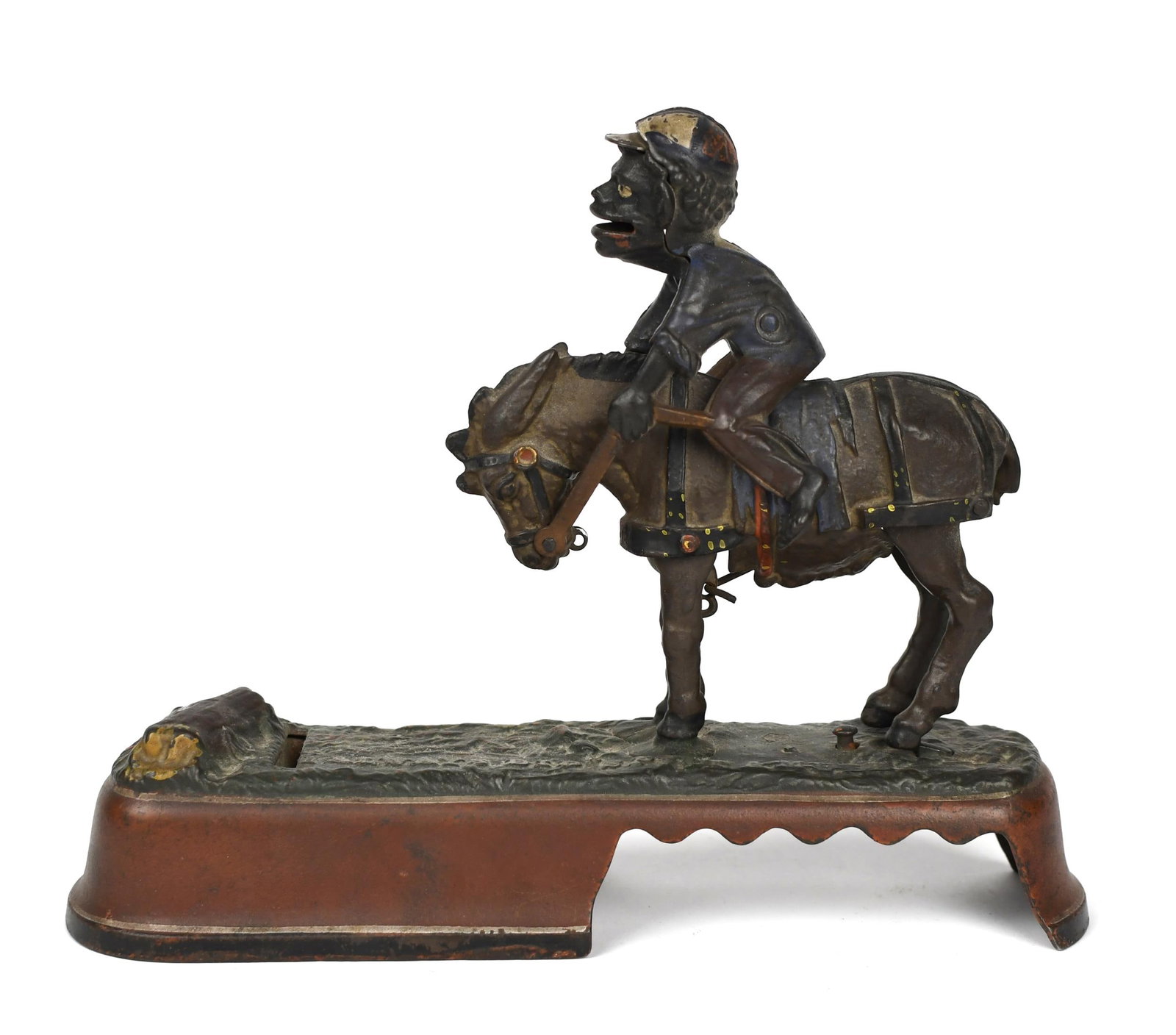 19TH C. J.E. STEVENS ALWAYS DID SPIES A MULE BANK.: An antique mechanical bank in original paint by J.E. Stevens, titled on bank ’Always Did Spies a Mule’, 8”H x 10”W x 2.5”D.