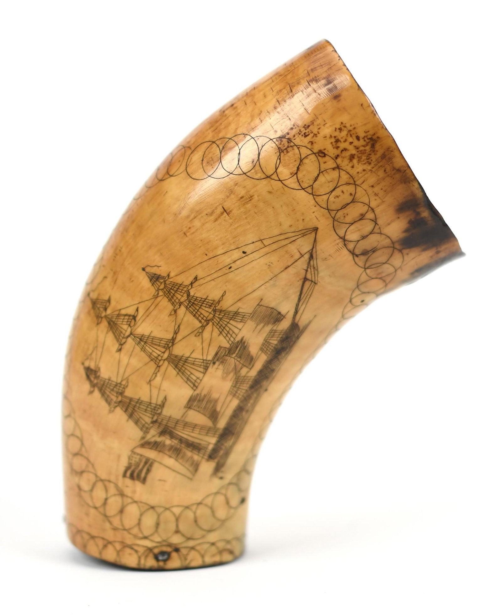FINE 1813 ENGRAVED HORN CUP.: An American Federal horn cup, engraved with a clipper ship flying the American flag, opposite side signed 'C.P. Wend His Cup 1813', 6”L.