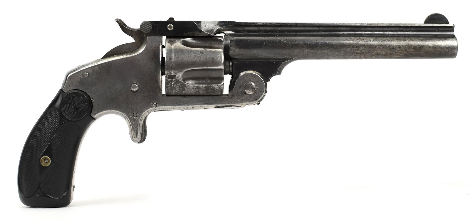 SMITH & WESSON .38 CALIBER TOP BREAK REVOLVER.: An antique Smith & Wesson top break .38 caliber revolver with spur trigger, rubber grip, and round barrel. 9.5”L overall, 5”L barrel. SN 51868.