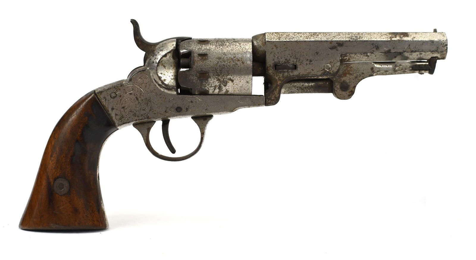 1859 MANHATTAN FIREARMS CIVIL WAR SERIES II REVOLVER.: An antique 1859 Manhattan Firearms Civil War Series II .31 caliber pocket percussion revolver with floral engraved frame and stage coach robbery engraved cylinder. 9”L overall, 4”L barrel.