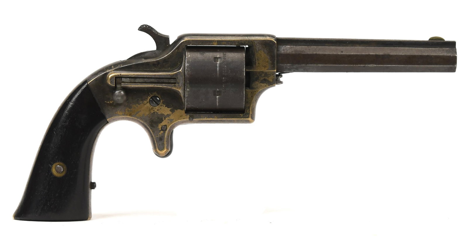 EAGLE ARMS .30 CALIBER POCKET REVOLVER.: An antique Eagle Arms .30 caliber single action pocket revolver with octagonal barrel, brass frame, and one casing in vile, made in New York. SN 6888. 7”L overall, 3.5”L barrel.