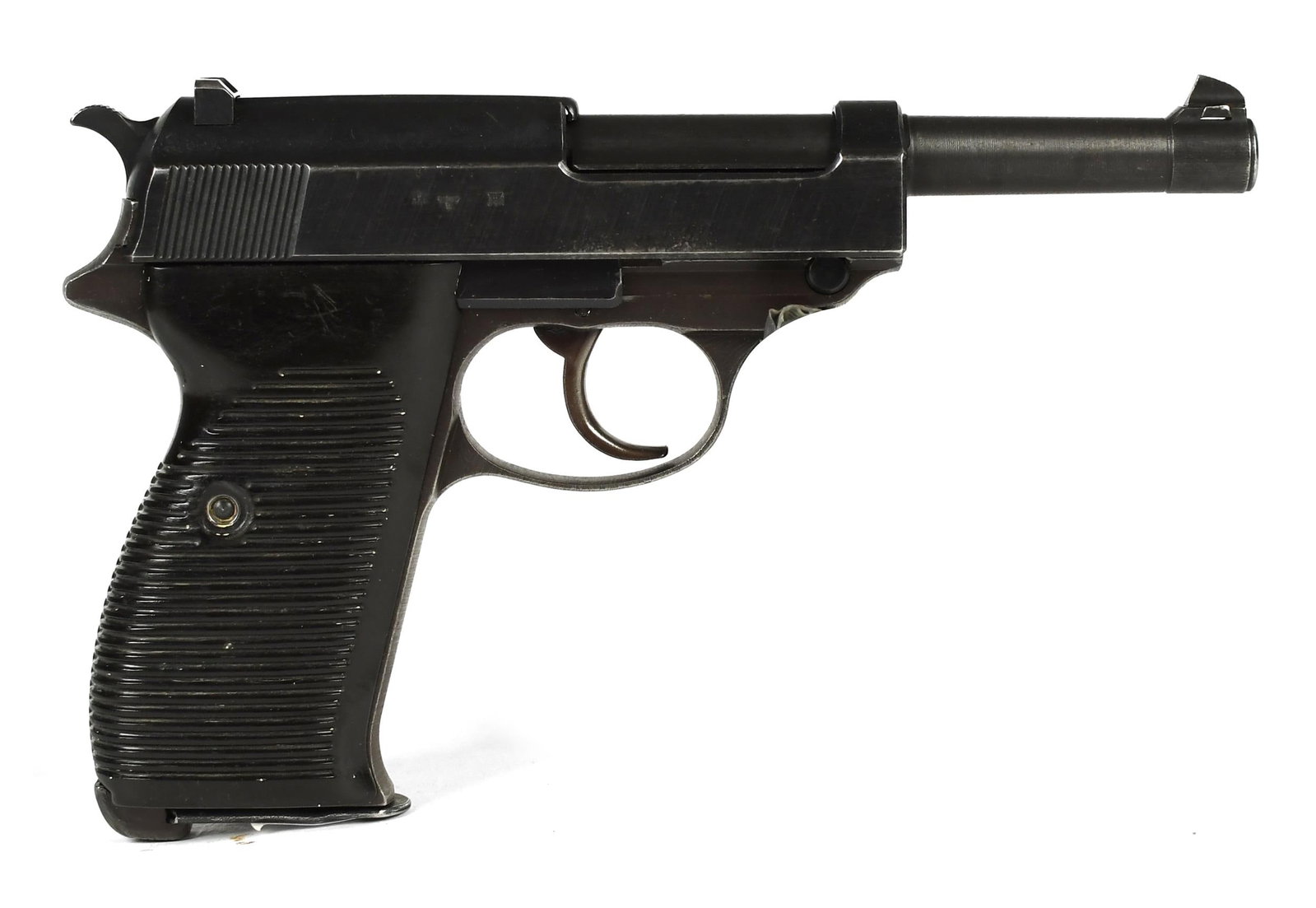 WALTHER P38 MODEL 1944 PISTOL.: Vintage Walther P38 9mm semi automatic pistol 1944, action marked 44. SN 7245, with clip. 8.5”L overall, 4.75”L barrel. T-465. *NICS Background check required unless FFL or C&R exempt, out