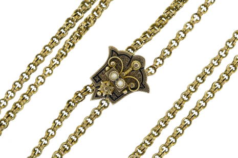 ANTIQUE 14K GOLD VICORIAN SLIDE CHAIN.: 19th C. Victorian hand made slide chain with an enamel and pearl decorated slide. 58&#8221;L, weight 32 grams.