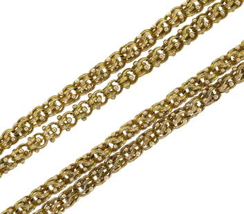 ANTIQUE 14K GOLD VICTORIAN CHAIN, 48”L.: A 19th C. Victorian 14k yellow gold handmade chain, 48”L, weight 61 grams.