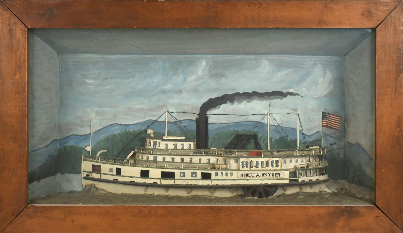ROBERT A. SNYDER STEAMBOAT DIORAMA, ULSTER.: An impressive Robert A. Snyder, Ulster, steamboat diorama with side wheel and walking beam. 21”H x 37.25”W.