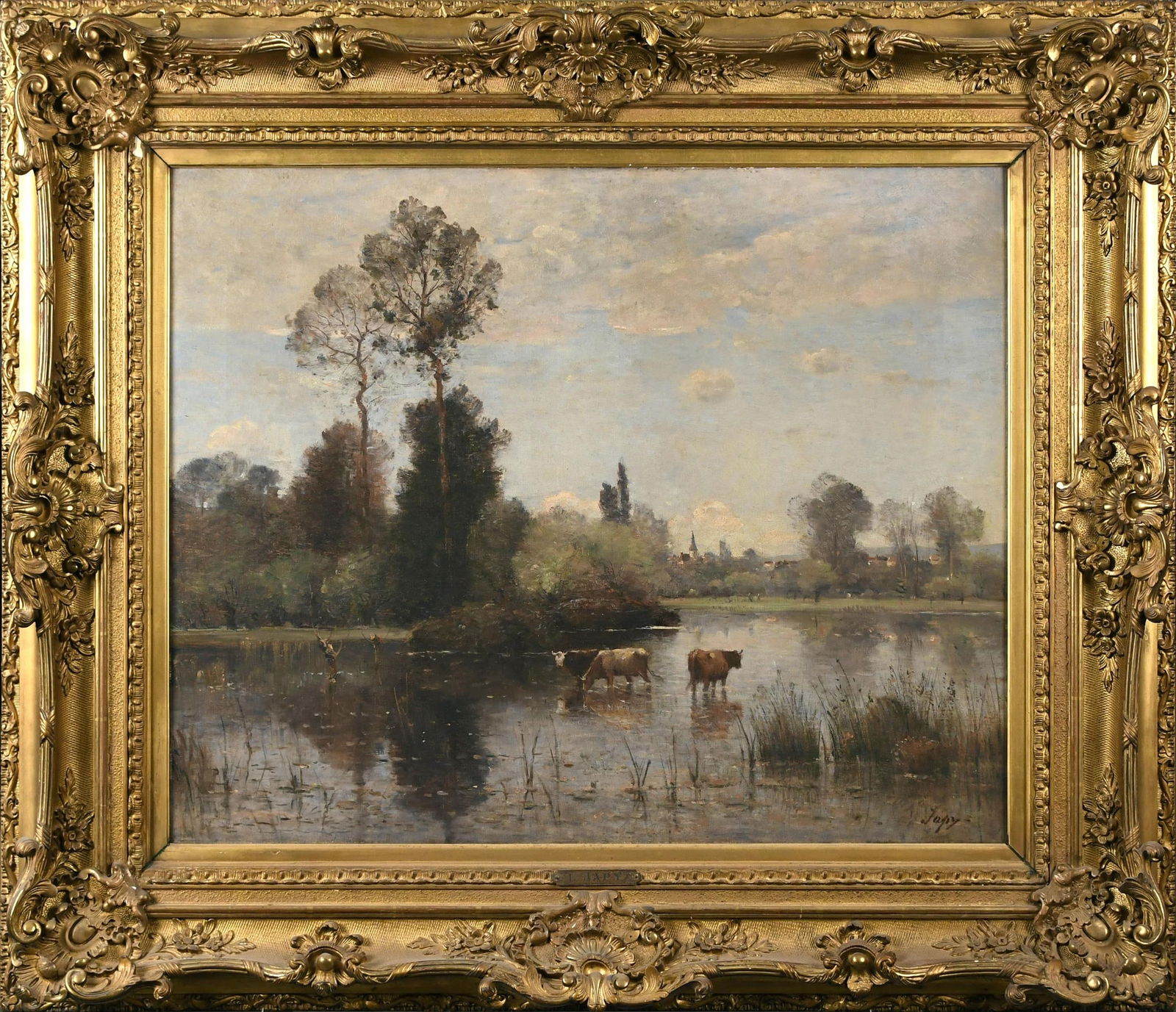 19TH C. LOUIS AIMÉ JAPY OIL, COWS IN RIVER. (1 of 6)