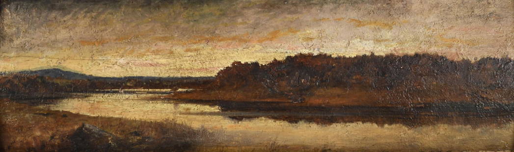 PROSPER SENAT ATTRIB. OIL, KENNEBUNK MARSHES.: Attributed Prosper Louis Senat (1852 - 1925) oil on wood panel, Kennebunk Marshes, initialed lower right, PLS. Image 8.75” x 28.75”, Overall in frame 13.5” x 33.5”.