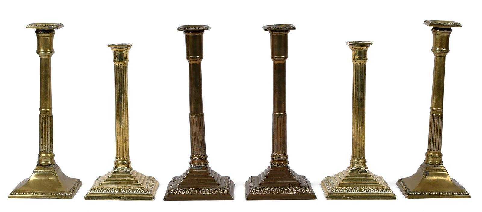 THREE PRS. OF PERIOD BRASS CANDLESTICKS, CA. 1800. (1 of 6)