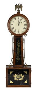 19TH C. HORACE TIFFT BANJO CLOCK.: Horace Tifft (1804-86), North Attleborough, Massachusetts, mahogany banjo clock with an eagle finial, and painted dial signed H. Tifft, with eglomise tablets, 33”H x 10”W.