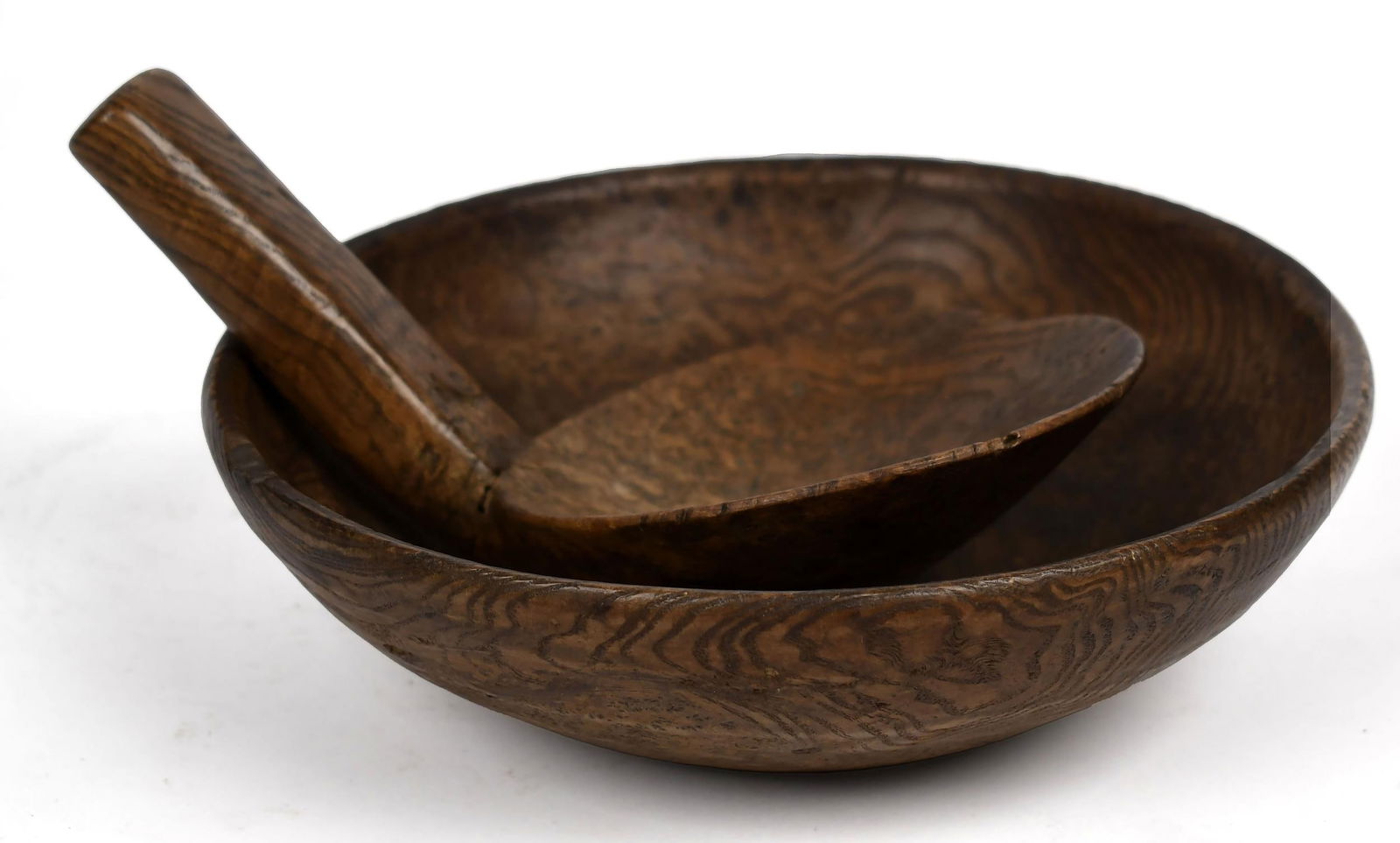 LATE 18TH C. ASH BURL BOWL AND ELM BURL WOOD SCOOP. (1 of 7)
