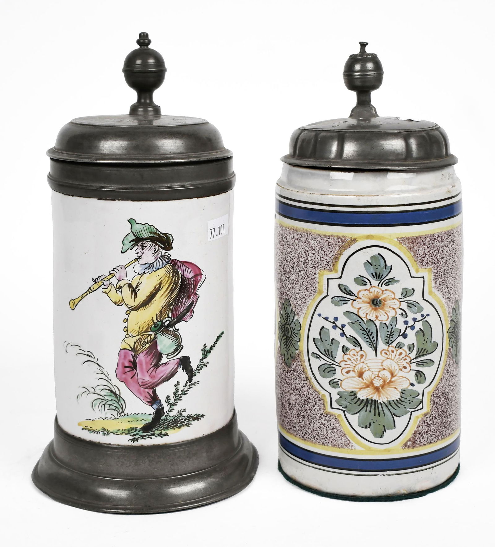TWO ANTIQUE FAIENCE STEINS. (1 of 8)