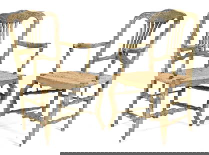 PAIR OF 19TH C. FRENCH PROVINCIAL PAINTED ARM CHAIRS.: A pair of lovely chairs with carved and green painted frames and rush seats, with cabriole legs and turned stretchers, 38.5”H x 22.5”W x 18.5”D x 18” seat H.