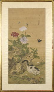 CHINESE KANGXI SCROLL PAINTING, CAT.: Antique Kangxi painting on fabric, cat with butterfly amongst landscape with poppies and rocks. Image 39.25” x 19”, Overall 48.5” x 27.5”.