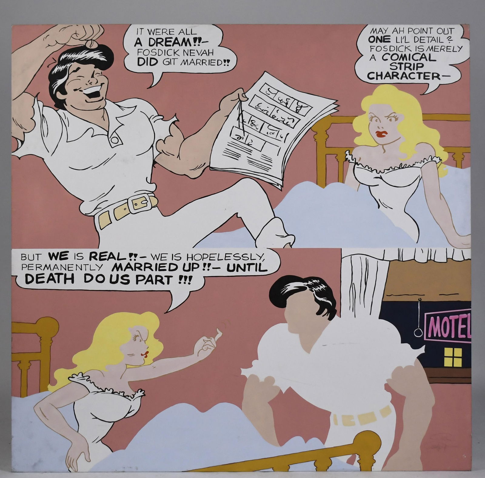 AL CAPP OIL ON CANVAS, IT WERE ALL A DREAM.: Al Capp (1909-1979) large oil on canvas, applied to plywood, titled on back 'It Were All a Dream', Alfred G. Capp 1975. Signed lower right in graphite, 66” x 66”. Provenance: Christies and