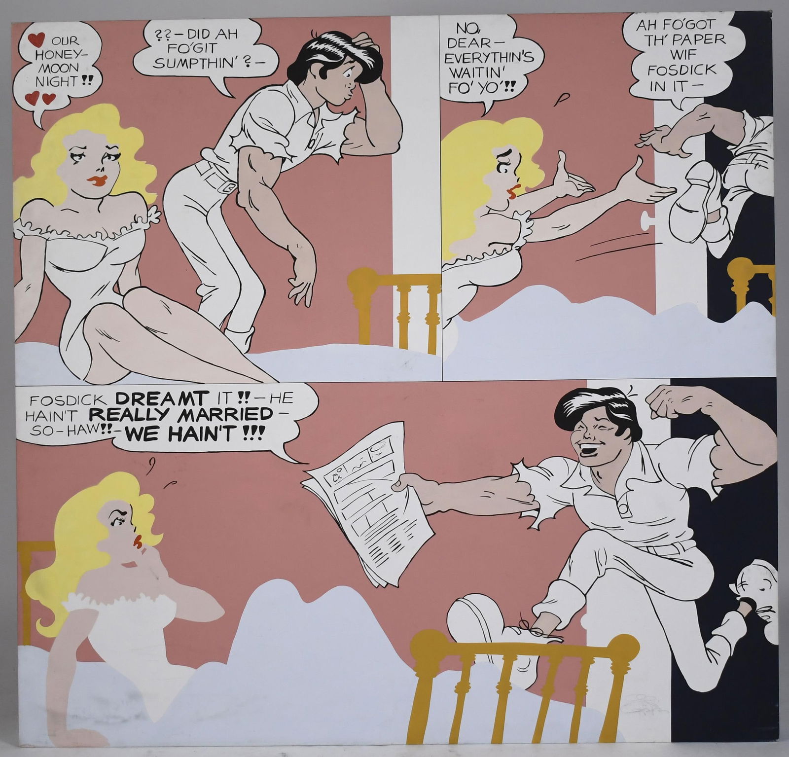 AL CAPP OIL ON CANVAS, OUR HONEYMOON NIGHT.: Al Capp (1909-1979) large oil on canvas, applied to plywood, titled on back 'Our Honeymoon Night', signed on reverse Alfred G. Capp 1975, and signed lower right in graphite, 66” x 66”. Pro