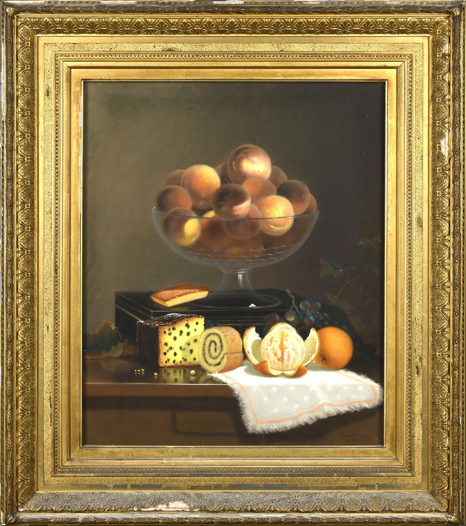 J.J. ENNEKING PASTEL, STILL LIFE WITH PEACHES.: John Joseph Enneking (1841-1916) pastel on grey paper, tabletop still life with peaches, grapes, cakes and oranges. Signed lower right, Enneking ‘70. Image behind glass 23.5” x 19.5”