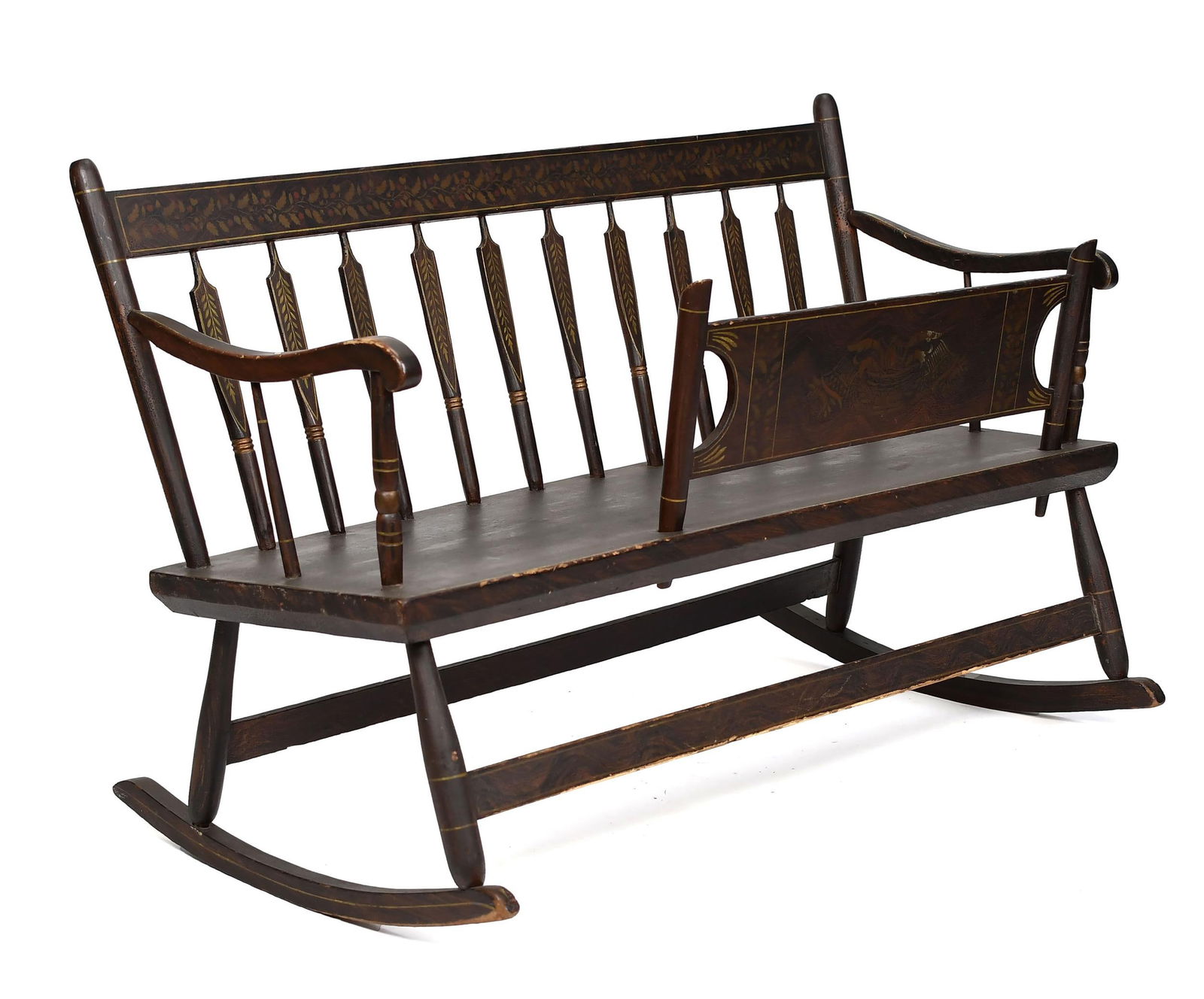 19TH C. PA PAINT DECORATED ROCKING BENCH WITH GUARD. (1 of 10)