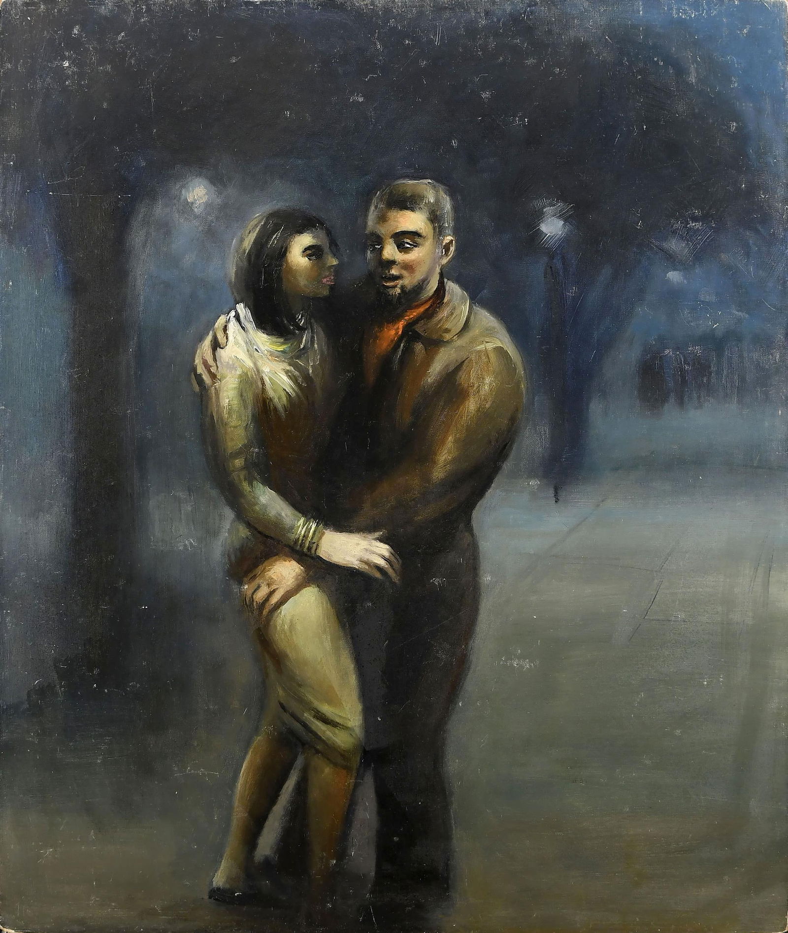 ATTRIBUTED TO GUY PENE DU BOIS, OIL, THE EMBRACE.: Oil on masonite, with a vintage label on reverse James Graham and Sons, Est. 1857, 1057 Madison Ave NY, stating the work of Guy Pene Du Bois, titled The Embrace. Estate number 38. Overall unframed 21.