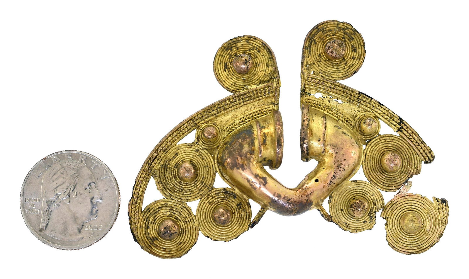 PRE COLUMBIAN 12K GOLD TAYRONE NOSE PENDANT.: Pre Columbian Tayrone nose pendant 12k (tested) gold, approx. 2”h x 3”L, weight 23.8 grams.