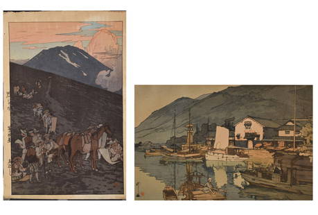 TWO HIROSHI YOSHIDA WOODBLOCK PRINTS.: Hiroshi Yoshida (1876-1950) 20th century Japanese woodblock print titled 'Tomonoura Harbour (Tomo No Minato)'. Impressed title and signature in margin, image 9.5&#8221; x 14.5&#8221;. Other example ti