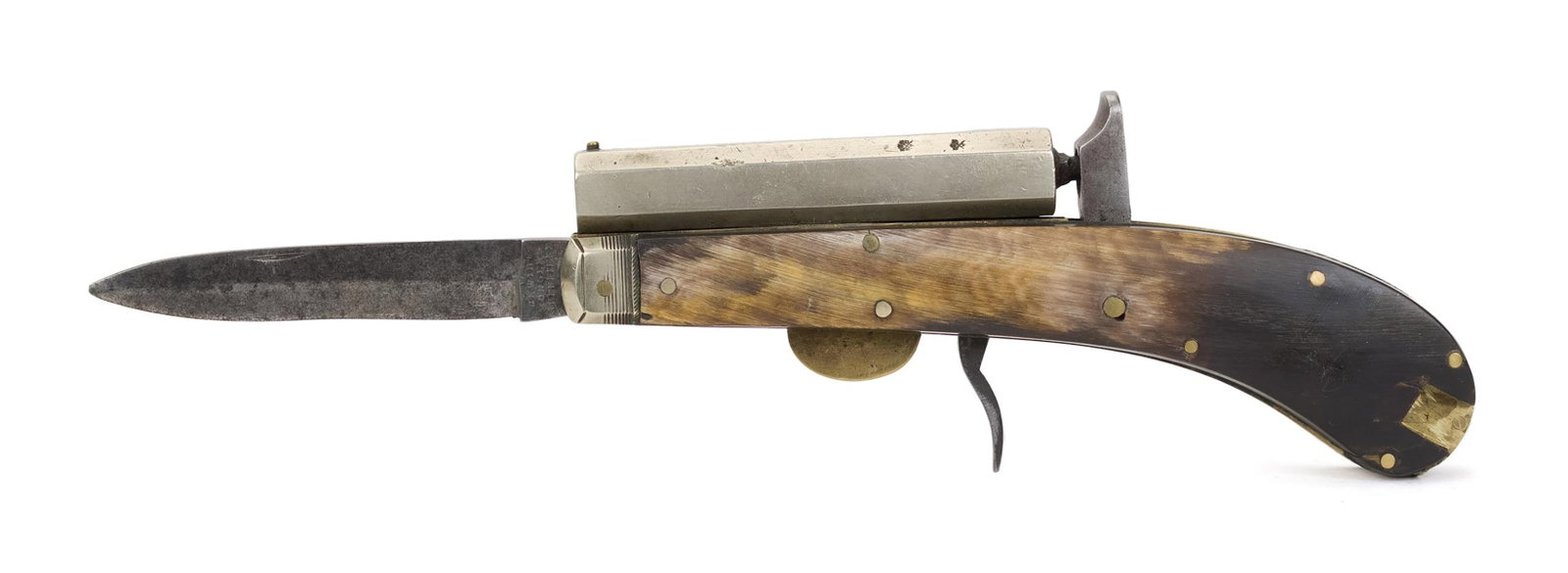 UNWIN & ROGERS KNIFE PISTOL ENGLISH SHEFFIELD BLADE.: Antique English Percussion Knife Pistol by Unwin & Rogers single shot .28 caliber, 3.5” barrel, horn handle and knife blades by Sheffield.