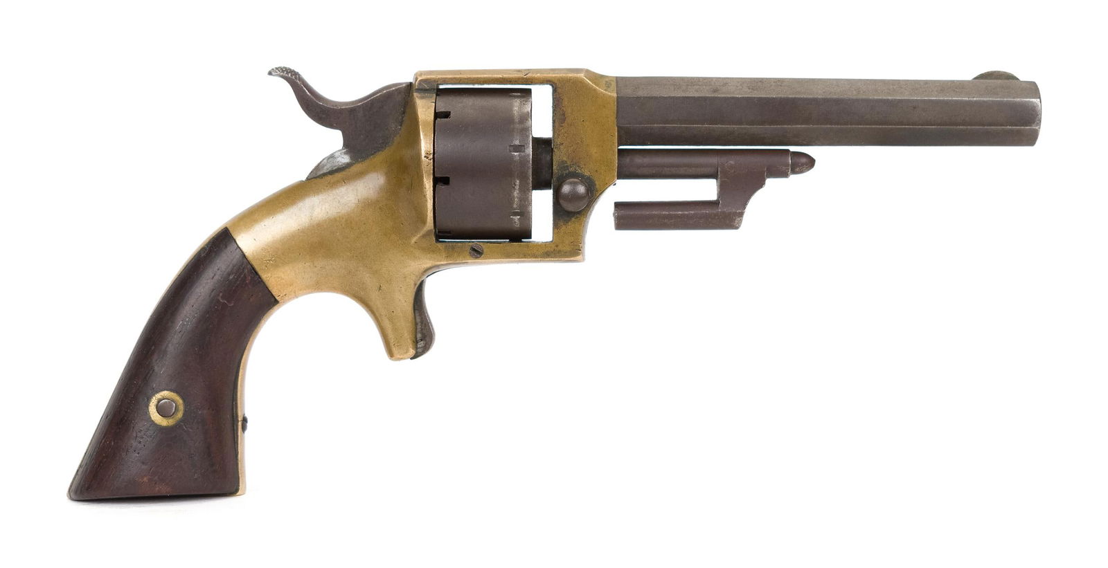 ANTIQUE CIVIL WAR POND FRONT LOADING REVOLVER. : Antique #598 Lucius W. Pond front loading revolver single action brass frame .22 short caliber, 3.5” barrel 7 shot, Mfd. 1863 to 1870. Serial #598, only 2000 made, rare Civil War find.