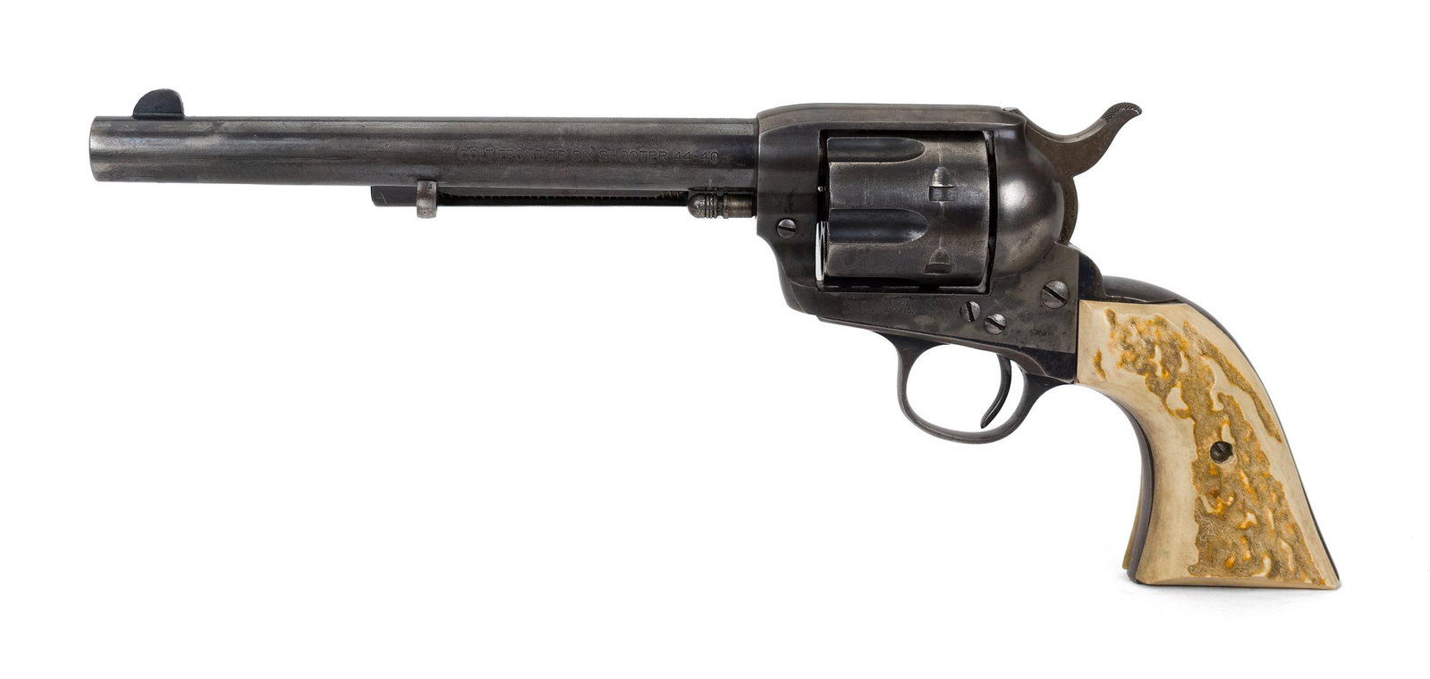 COLT MODEL SAA CALVARY, 44-40 CAL.: T-721, Colt Calvary SAA (single action Army) in .44-40 cowboy caliber with 7.5” barrel and remarkable horn grips, Mfd. 1913. Serial # 322412. NICS Background check required unless FFL or C&R exe