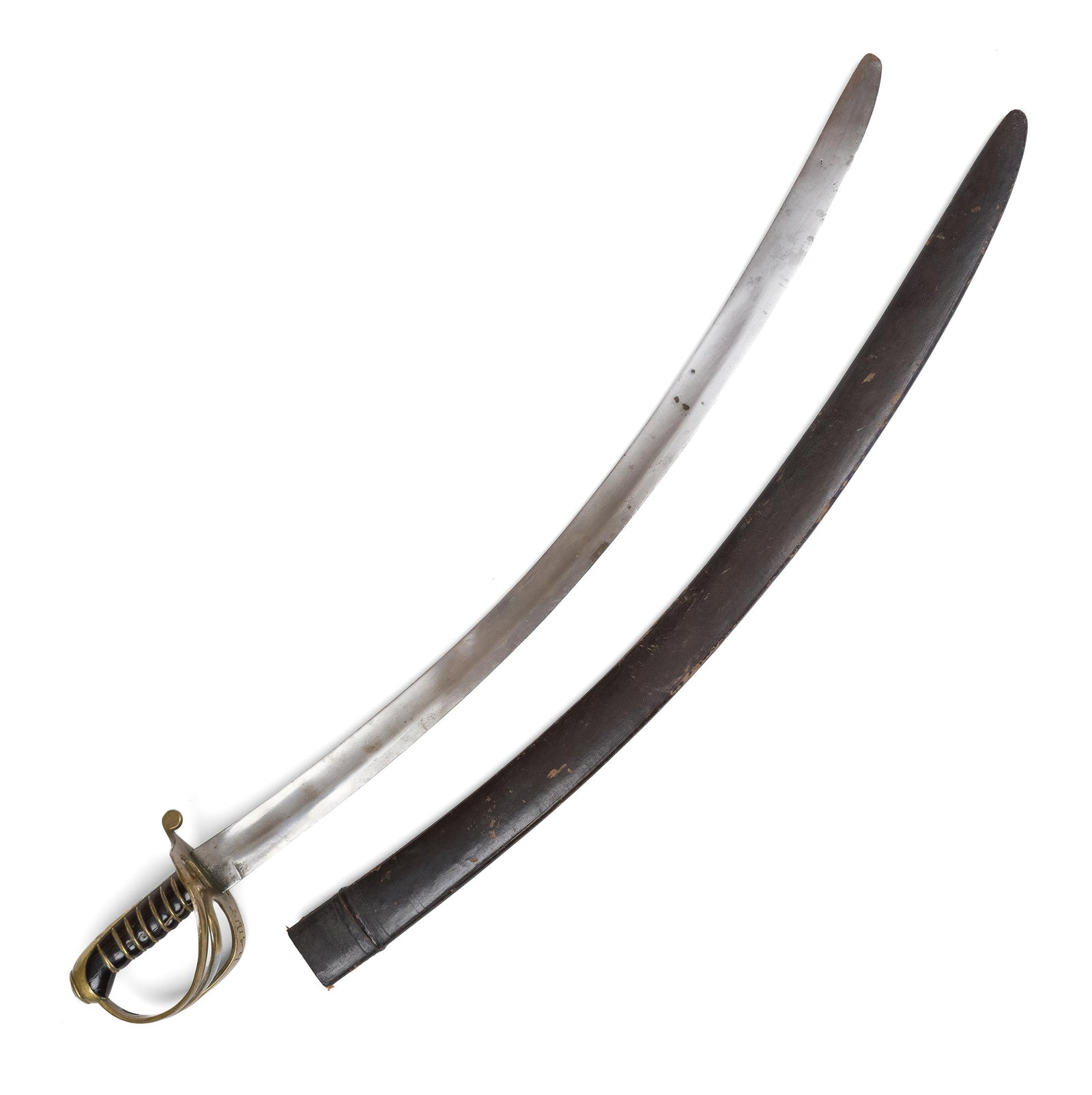 19TH C. INDIAN CAVALRY SWORD WITH LEATHER SHEATH. : A hard to find 19th C. Indian Paget cavalry sword with brass three bar guard, smooth backstrap, and horn grip bound with brass wire. The outer guard bears some markings in Devangi script, overall leng