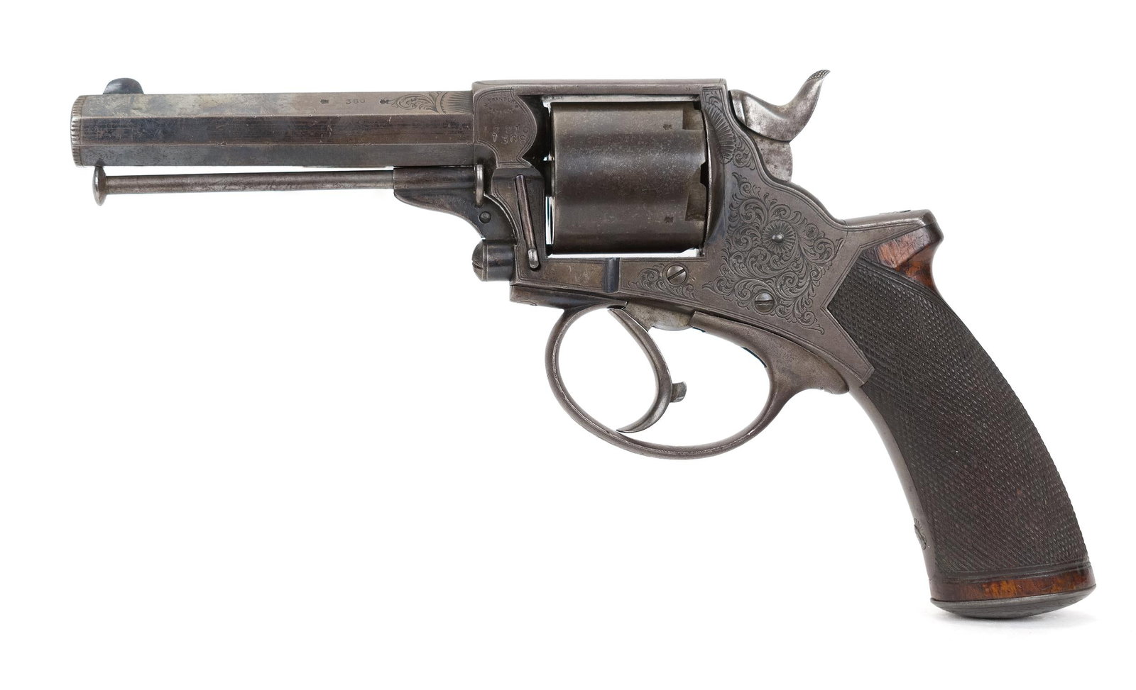 ANTIQUE CW LANCASTER TANTER NO. 2 CASED REVOLVER.: Antique CW Lancaster Tanter model No. 2 double action revolver, one of the first English cartridge revolvers with .38 S&W caliber, 1880's era.