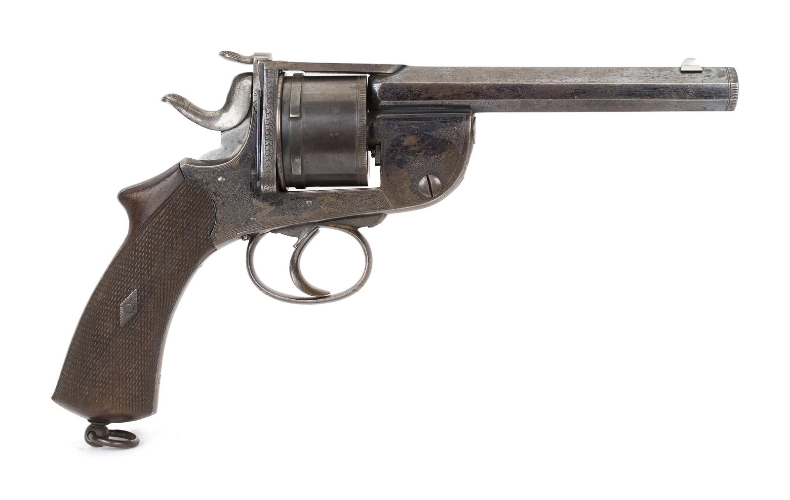 ANTIQUE HUGHES SELF EXTRACTING CENTRAL FIRE REVOLVER.: Antique Hughes Self extracting central fire revolver, model 8017, double action, 380 cal., 6” barrel, highly engraved, ca 1858, nice condition.