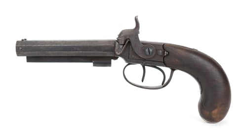 ANTIQUE ENGLISH SIMMONS POCKET DOUBLE BARREL PISTOL.