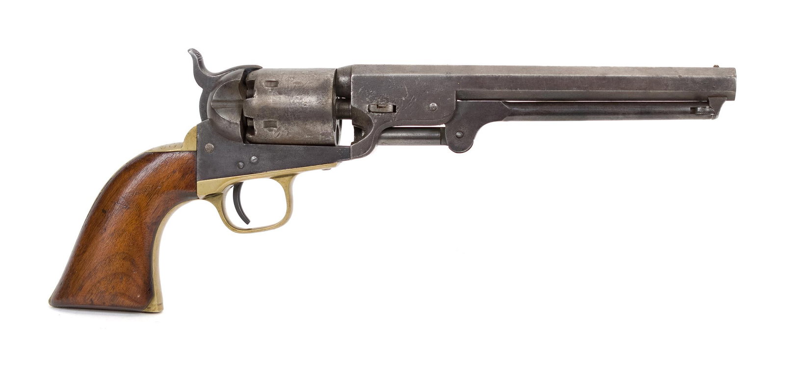 COLT MODEL 1851 NAVY REVOLVER.: An antique Colt Model 1851 Navy .36 caliber single action Civil War era revolver with brass grip engraved with Texas Navy ship, Austin 1841, Ewd Moore. Barrel 7.5”L.