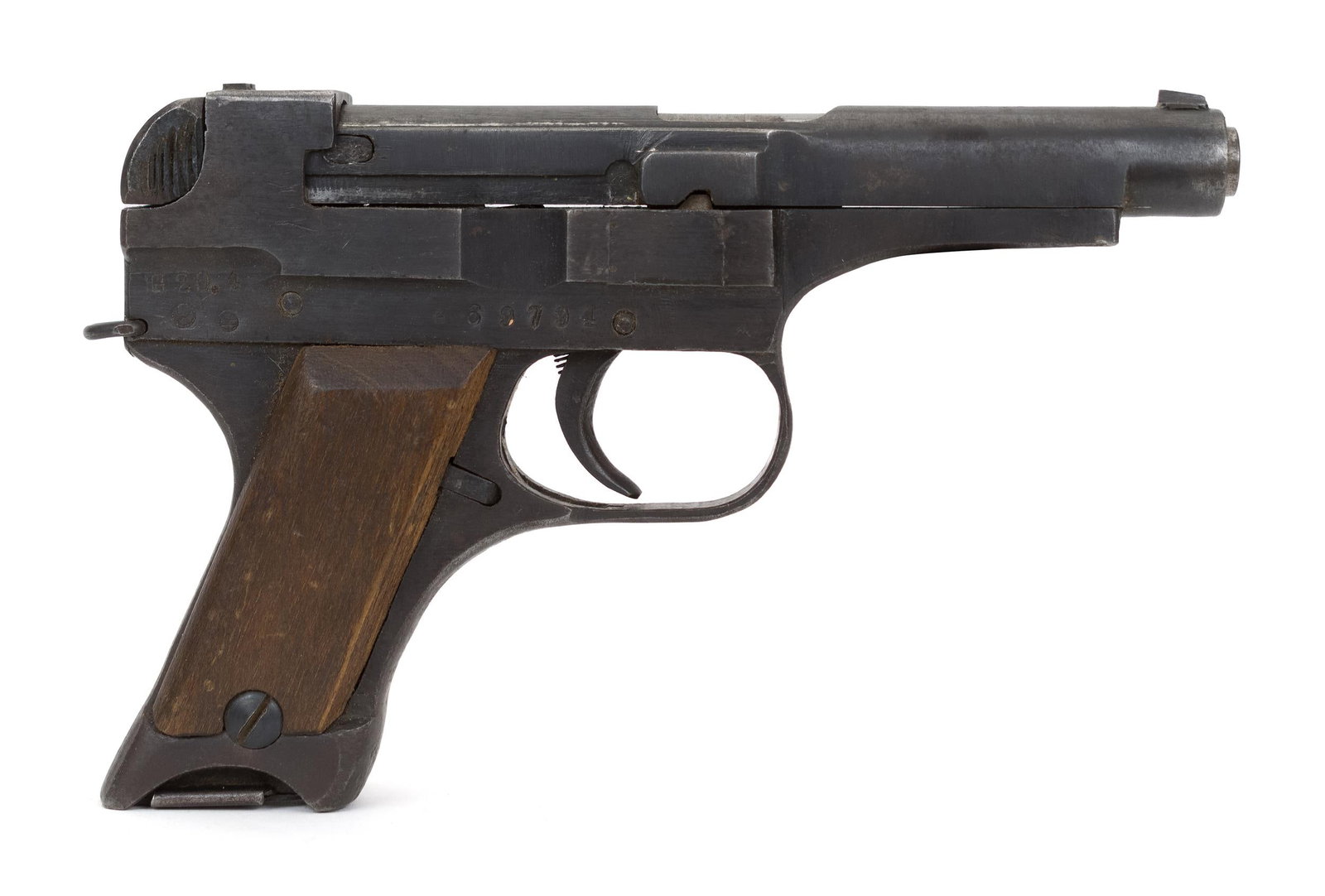 WW2 JAPANESE NAMBU TYPE 94 PISTOL.: T-676, Nambu WW2 Japanese semi-auto pistol type 94, 8mm Nambu, a WW2 bring back with canvas holster, barrel 2.75”L. Serial #69794. NICS Background check required unless FFL or C&R exempt, out of