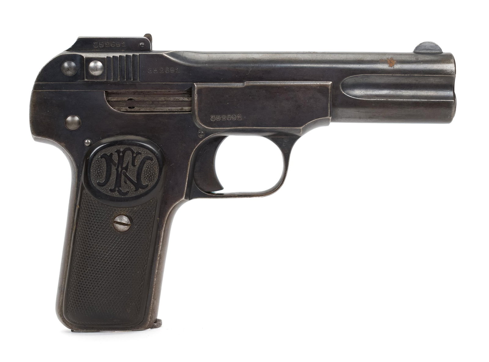 BROWNING MODEL 1900 32 ACP SEMI AUTO PISTOL.: T-672, FN BROWNING MODEL 1900 semi-auto .32ACP, 4” barrel Belgium made blowback operated commonly found used in WWI. Serial #352691. NICS Background check required unless FFL or C&R exempt, out 