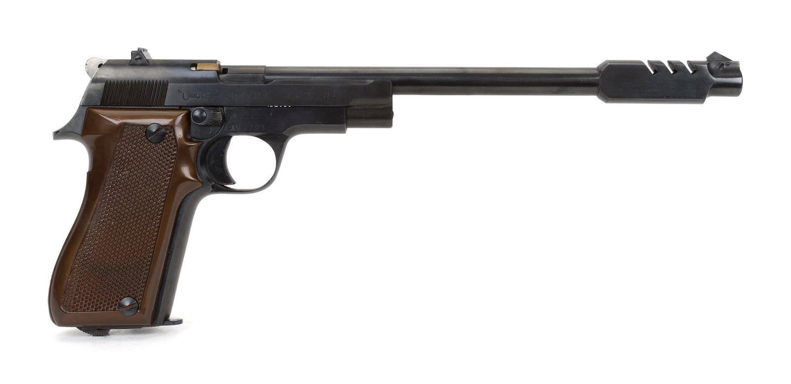 FRENCH UNIQUE MODEL D4 SEMI_AUTO PISTOL W/CASE.: T-716 French Unique model D4 semi-auto target pistol .22LR, with 9” target barrel, extra magazine, and ammo fitted wood box. Serial #503721. NICS Background check required unless FFL or C&R exem