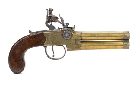 ENGLISH TAP ACTION DOUBLE BARREL FLINT LOCK PISTOL.