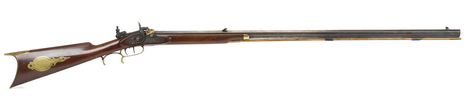 JAMES BROWN & SON KENTUCKY STYLE PERCUSSION RIFLE. : Antique James Brown and sons Kentucky style rifle with a half stock made in Pittsburg PA 1848-1887 hunter percussion rifle .32 caliber with 36” barrel, set triggers modern sights and nipple with
