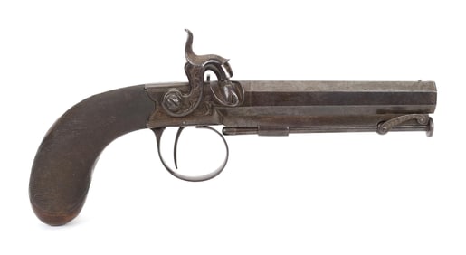 ANTIQUE ENGRAVED ENGLISH POCKET PISTOL.