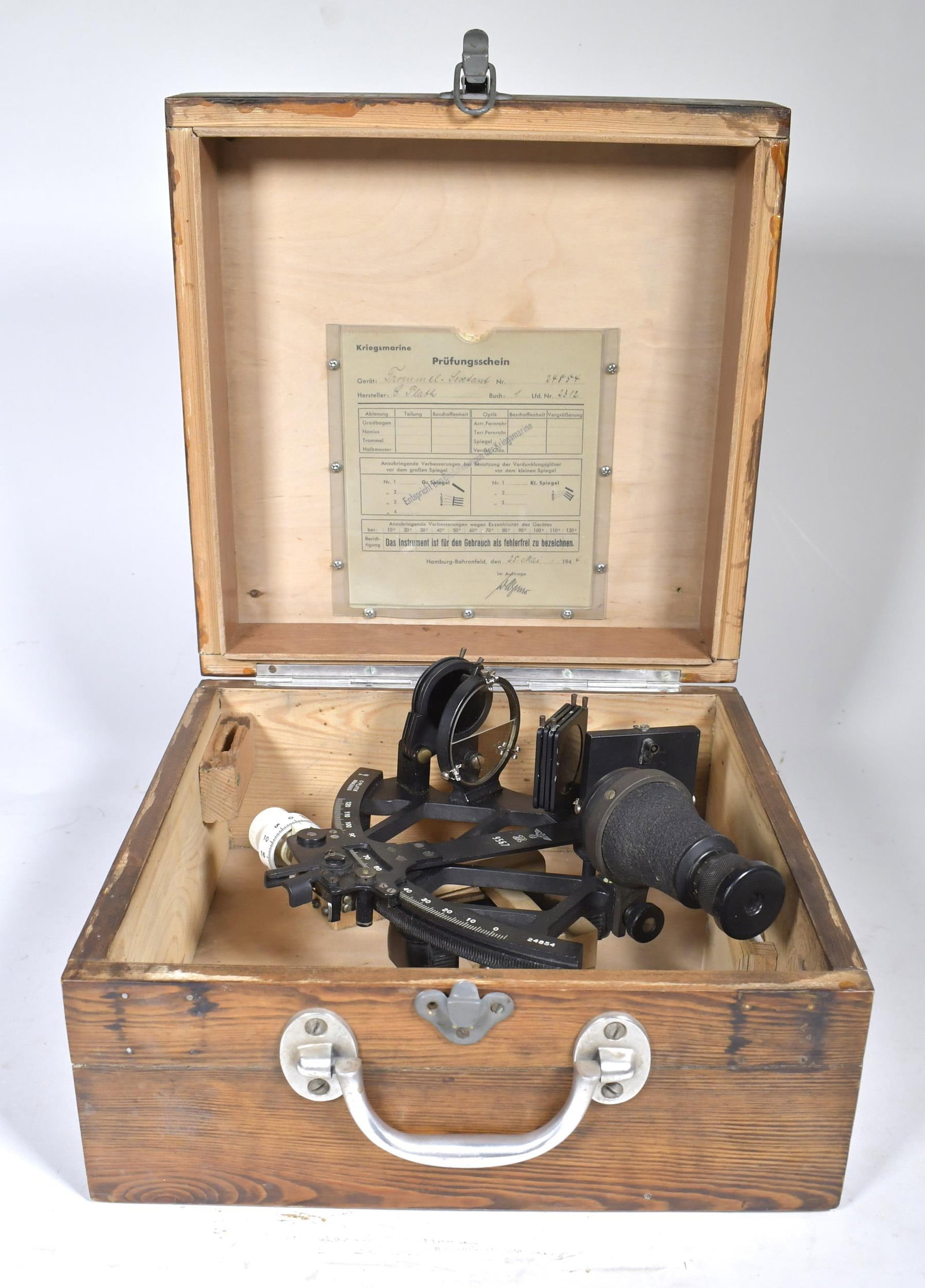 CA. 1940'S PLATH GERMAN WWII SEXTANT IN BOX.: German WWII sextant by C. Plath Hamburg. In fitted original case with documentation. Case 7”H x 12”W x 12”D.