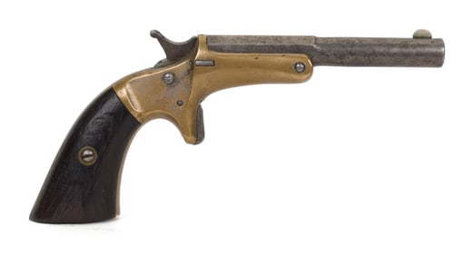 ANTIQUE J. STEVENS OLD MODEL POCKET BRASS PISTOL.