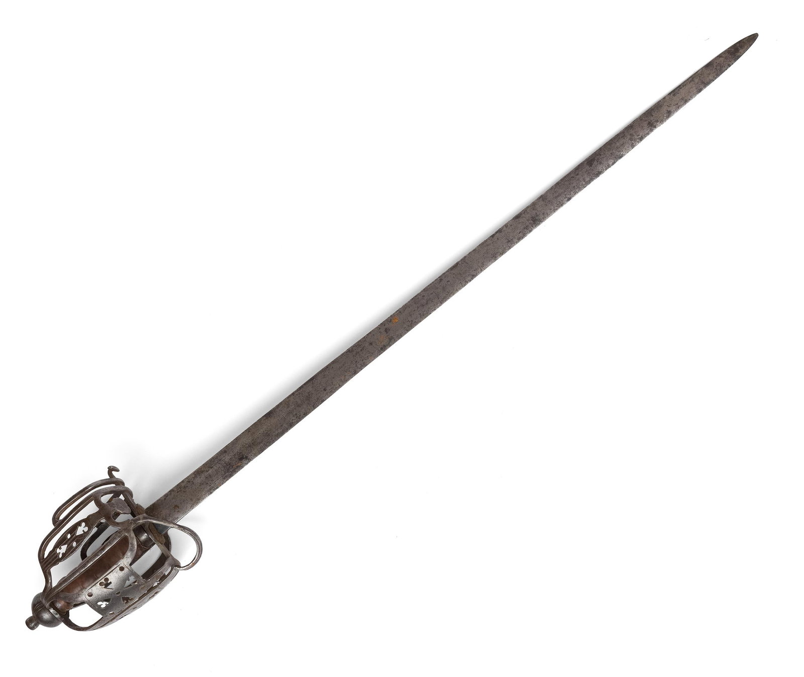 18TH C. SCOTTISH BASKET HILT SWORD, ANDRIA FERARA. : Late 18th C. basket hilt sword, leather-wrapped handle wound with wire, blade signed Andria Ferara, 37”L.