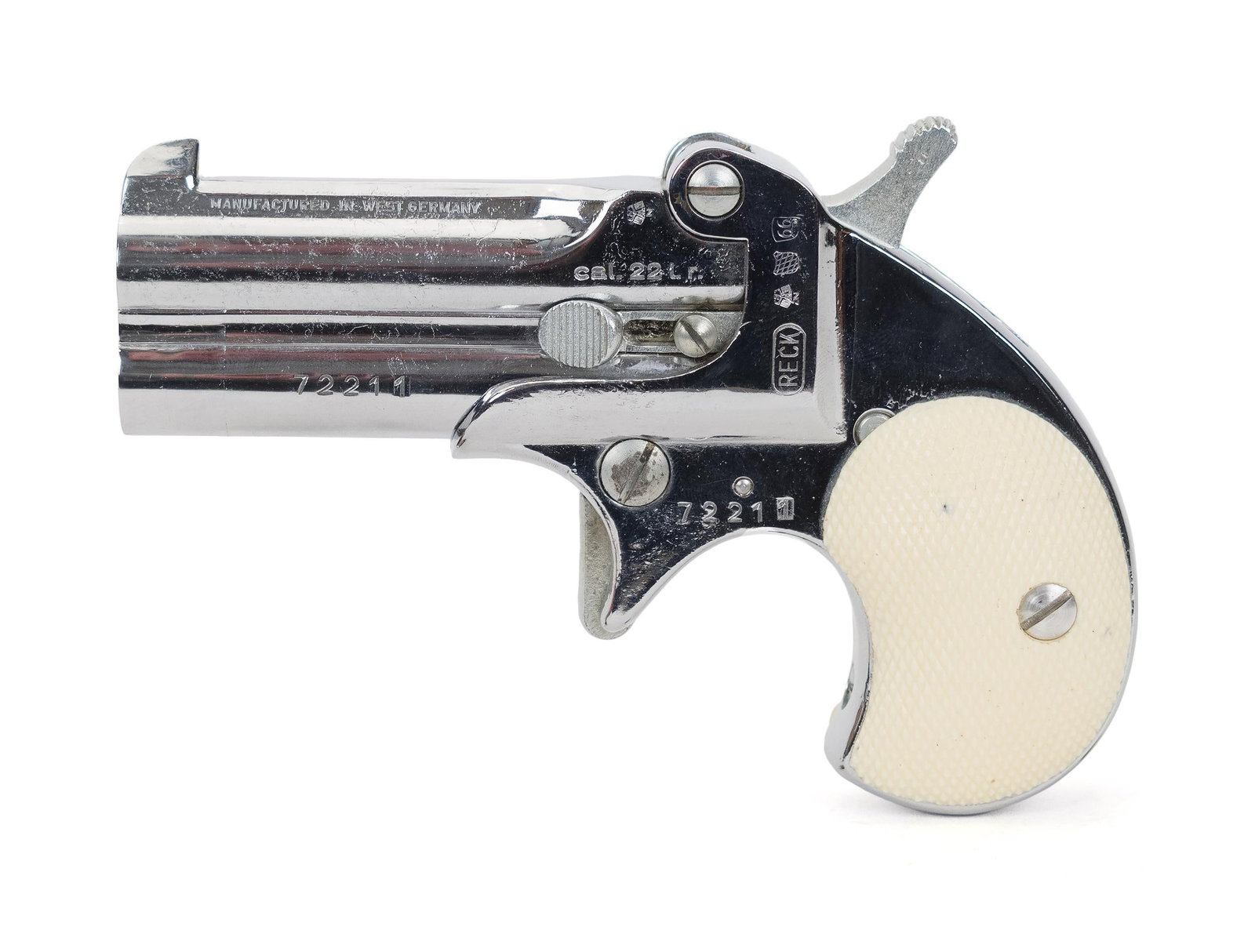 GERMAN RECK DERRINGER W/BOX.: T-713, Reck Derringer .22LR, 3” over and under barrel with box made in Germany. NICS Background check required unless FFL or C&R exempt, out of state buyers must ship to an FFL in your state.