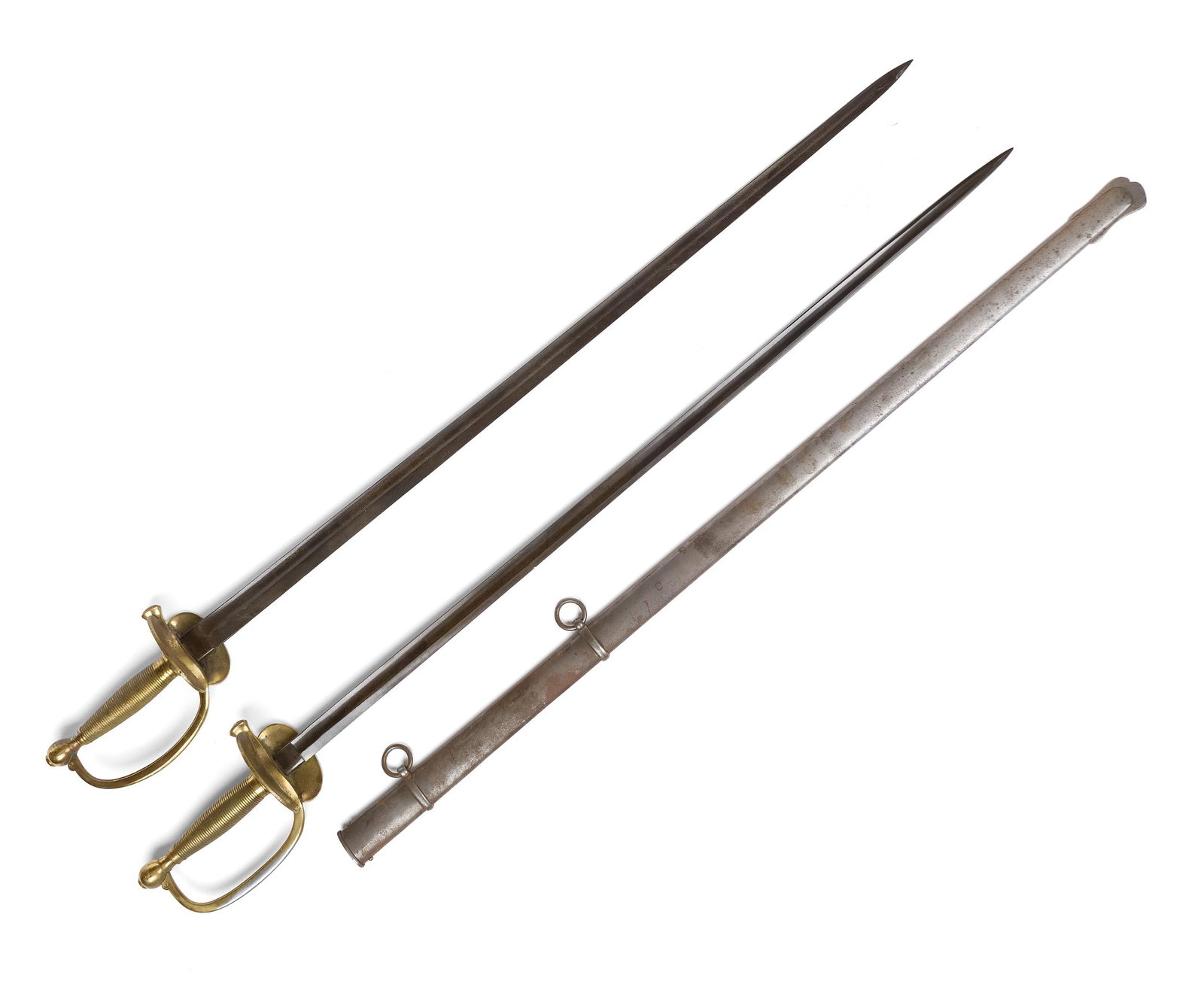 TWO 19TH C. AMERICAN BRASS HILTED SWORDS.: Ca. 1830’s American brass hilted NCO swords, one marked Philadelphia on blade. Both 38”L, one with scabbard.