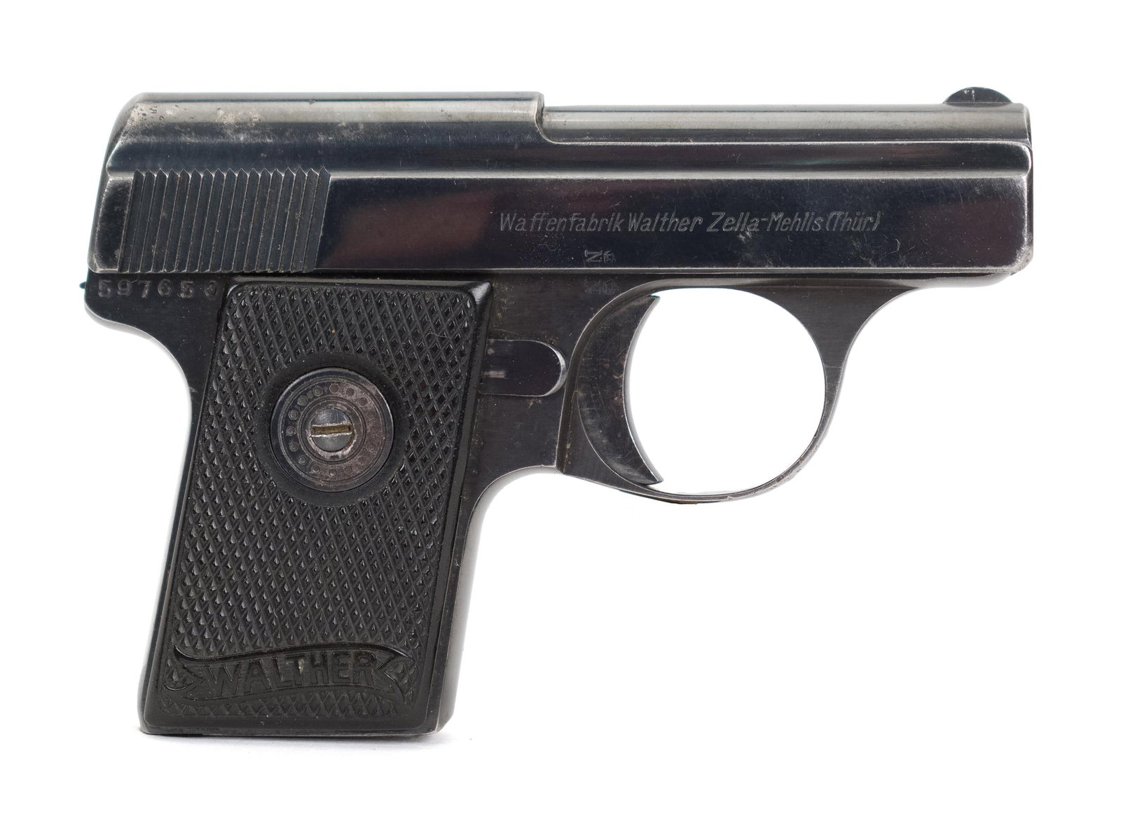 WALTHER MODEL 9 SEMI-AUTO 25 ACP VEST POCKET.: T-683, Walther Model 9 semi auto .25ACP pocket pistol. Serial #597650. NICS Background check required unless FFL or C&R exempt, out of state buyers must ship to an FFL in your state.